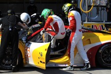 Daniel's JMW Motorsport team-mates demonstrate the art of the rapid driver changeover